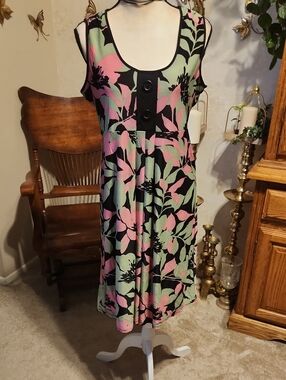 Aa Studio Black Midi Dress with Pink & Mint Floral Print